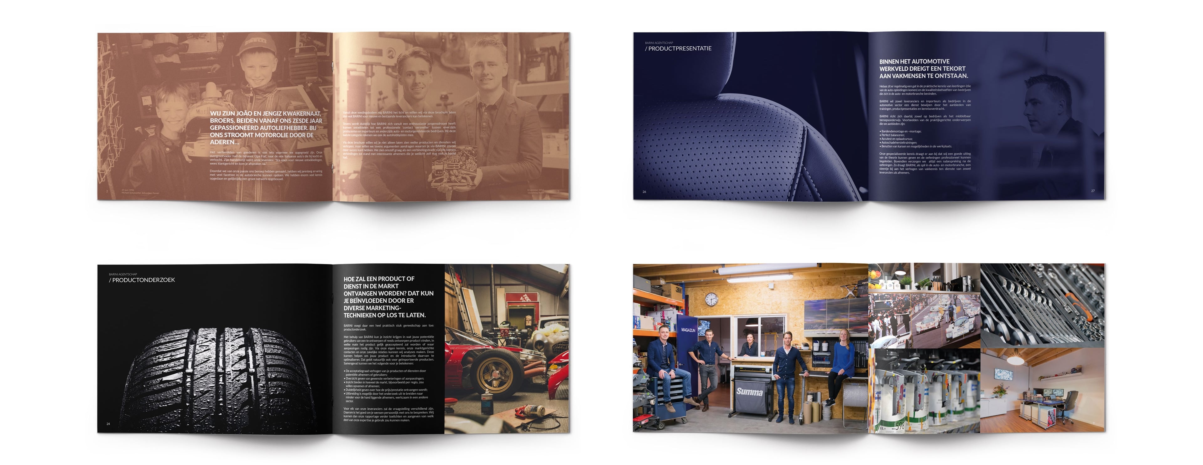 Het boek voor de visuele identiteit van Barini, vier spreads