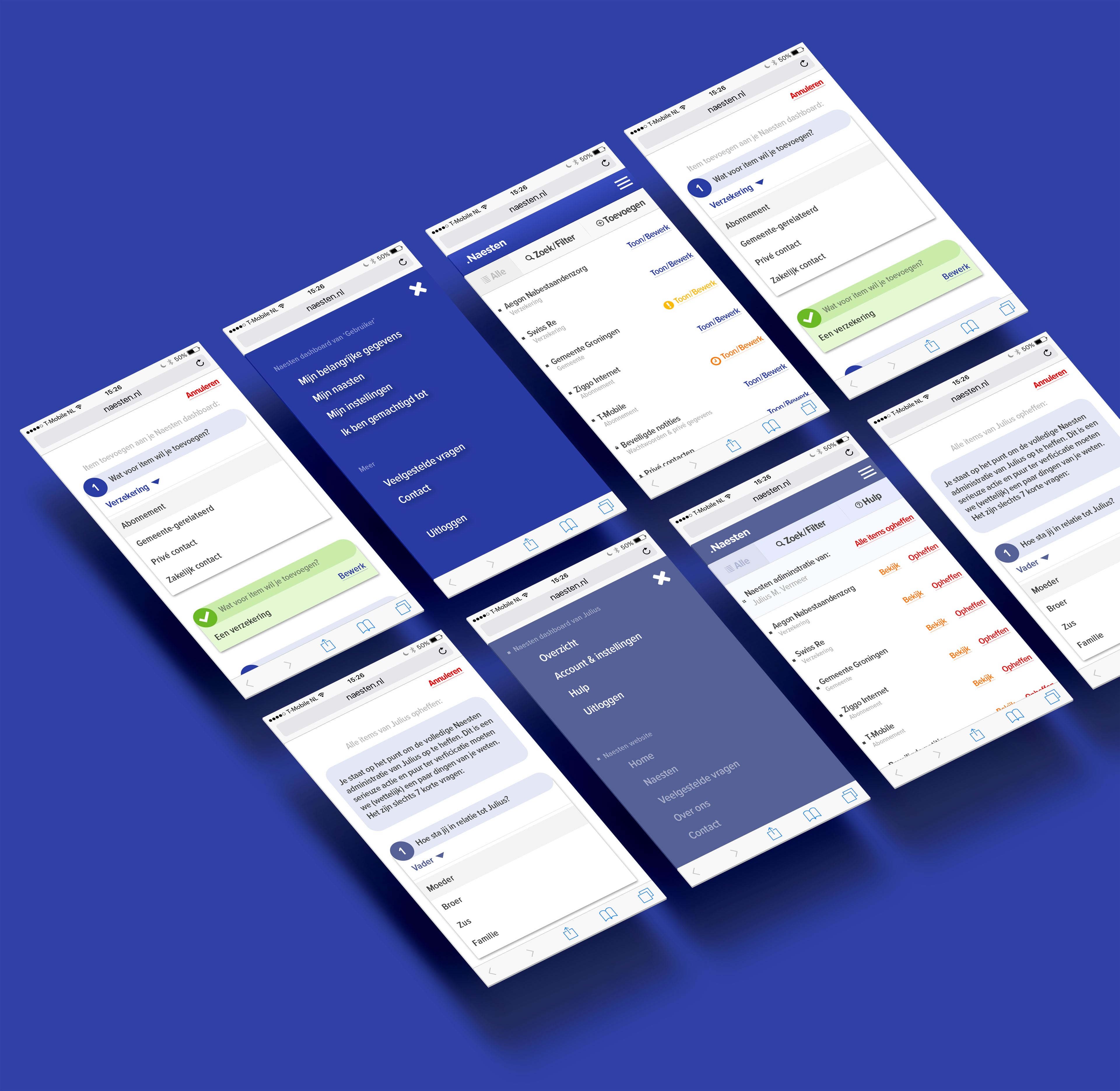 Vier interfaces voor de Neasten website/web-app in zowel blauw (normaal) als lavendel-paars ('sad mode')