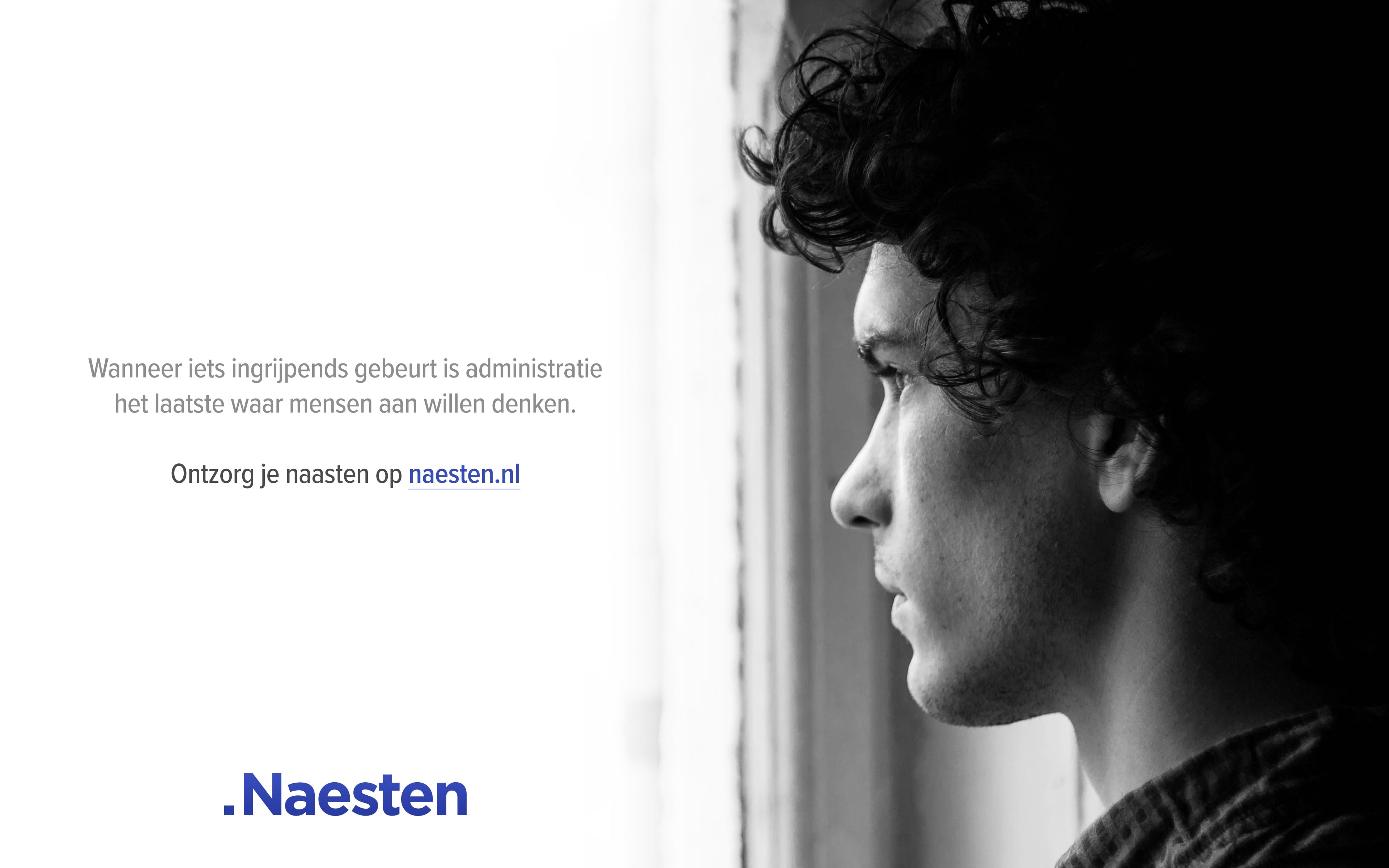 Poster-ontwerp voor Neasten met een man die uit het raam kijkt en de Neasten slogan