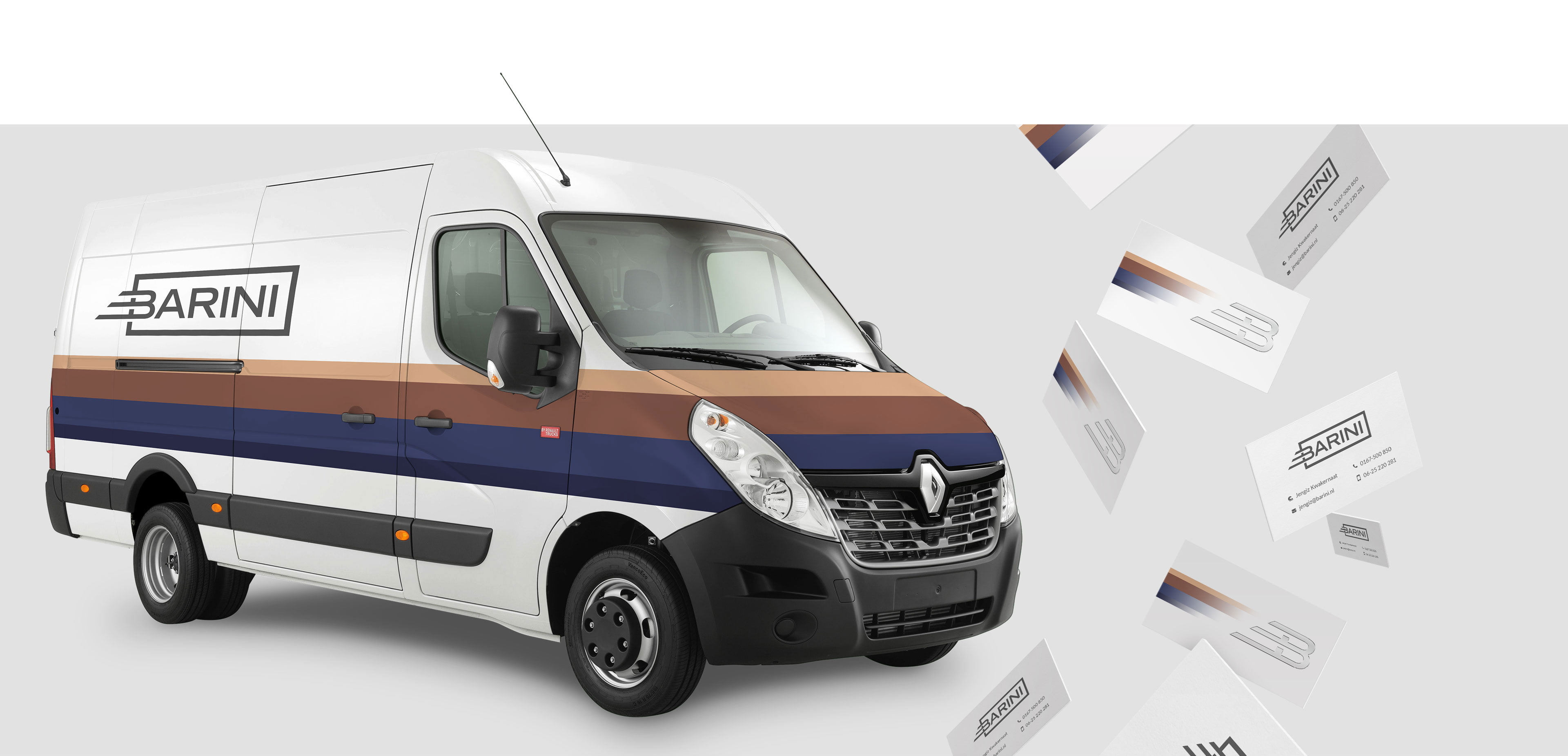 Een mock-up van een bestelbus met het Barini logo en de striping op de zijkant