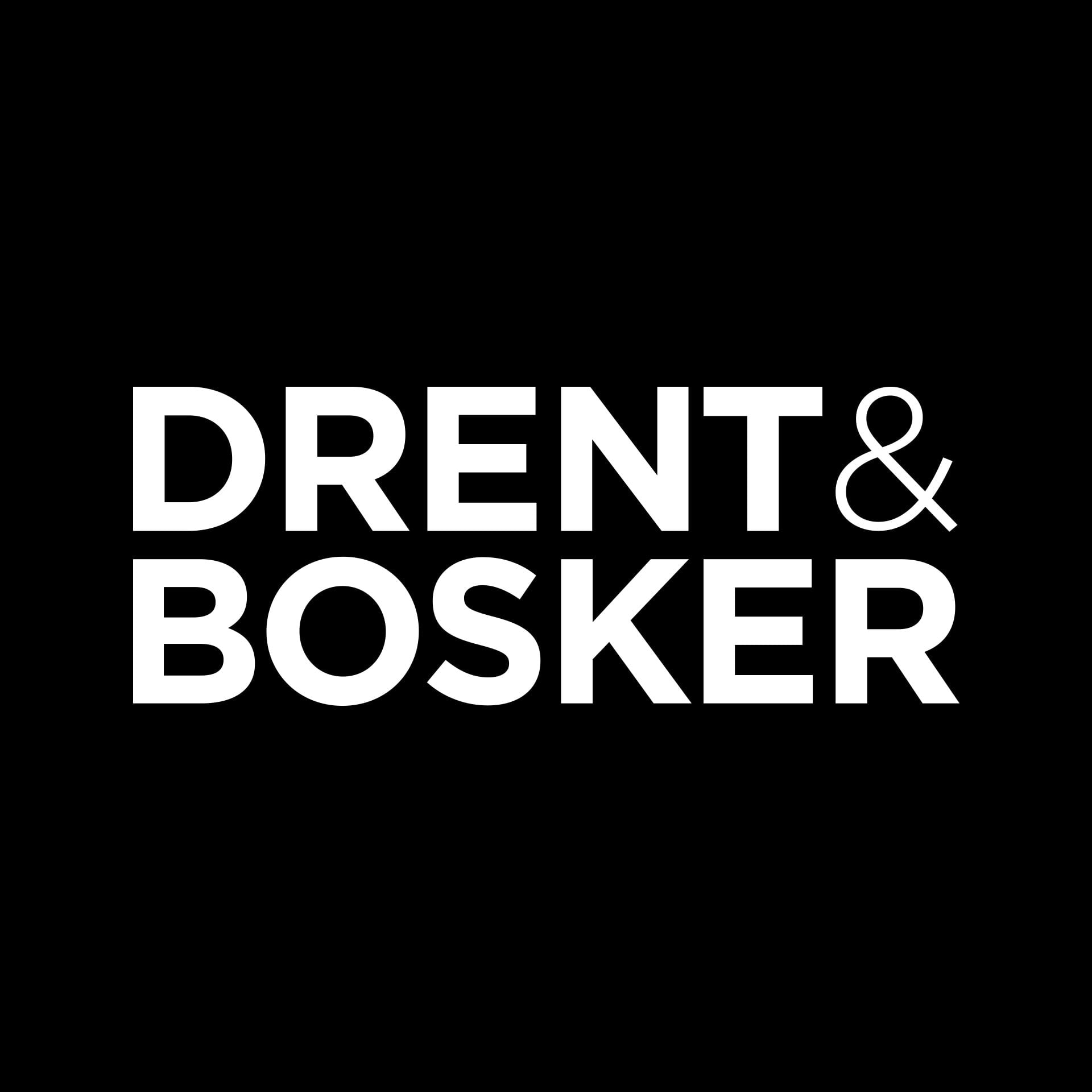 Het Drent & Bosker-logo in het wit op een zwarte achtergrond