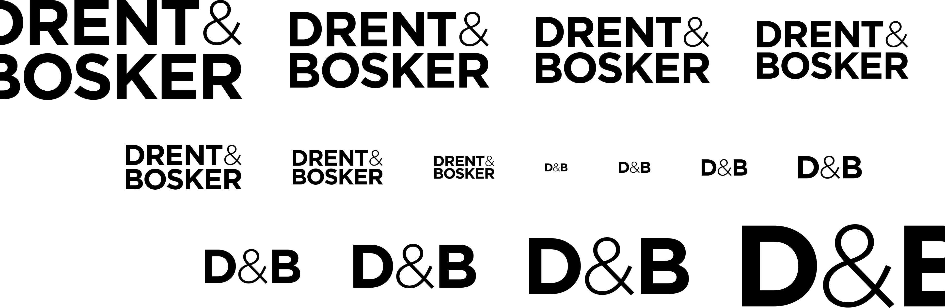 Logo-schaalbaarheid horizontaal weergegeven, van het volledige logo tot het D&B-icoon