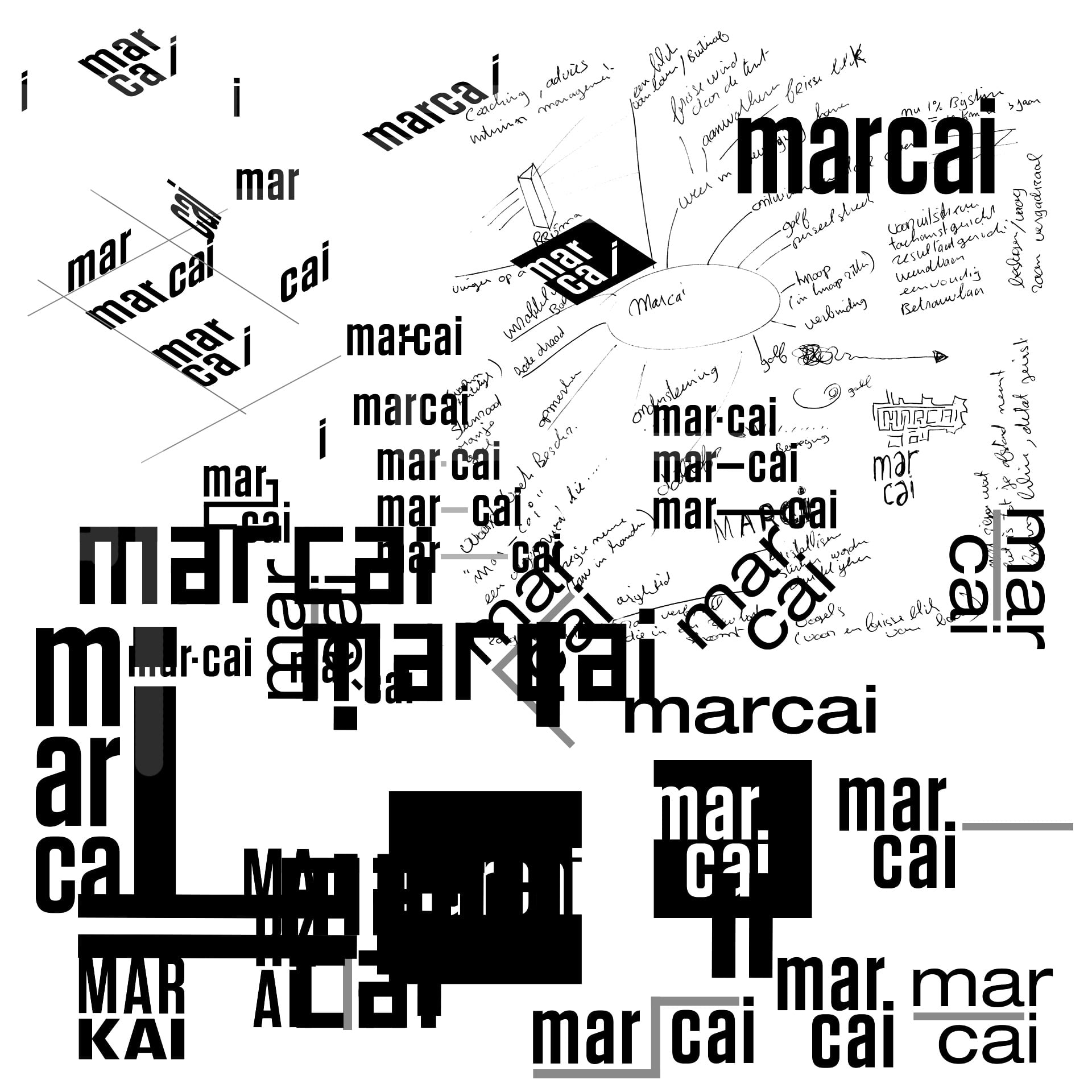Logoconcepten voor het Marcai-logo in het zwart op een witte achtergrond