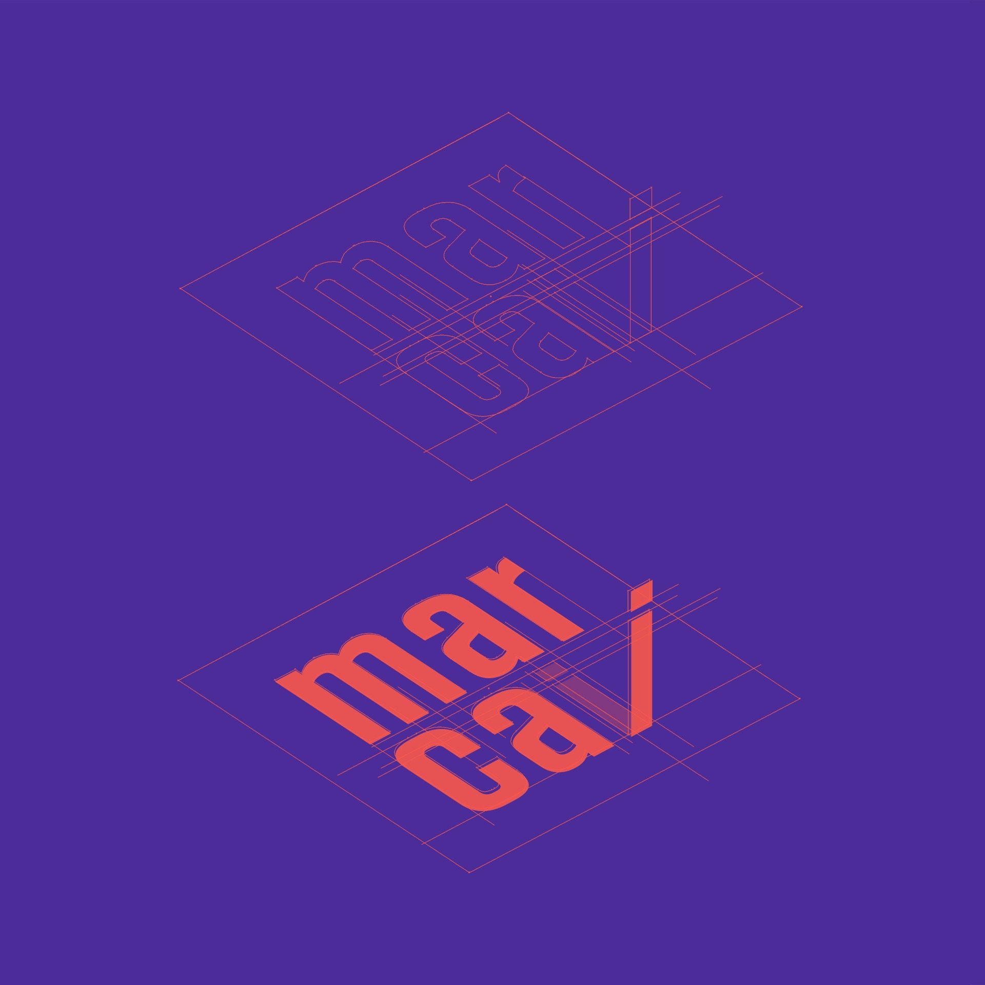 Verfijning van het Marcai-logo met hulplijnen, in het koraalrood op een paarse achtergrond