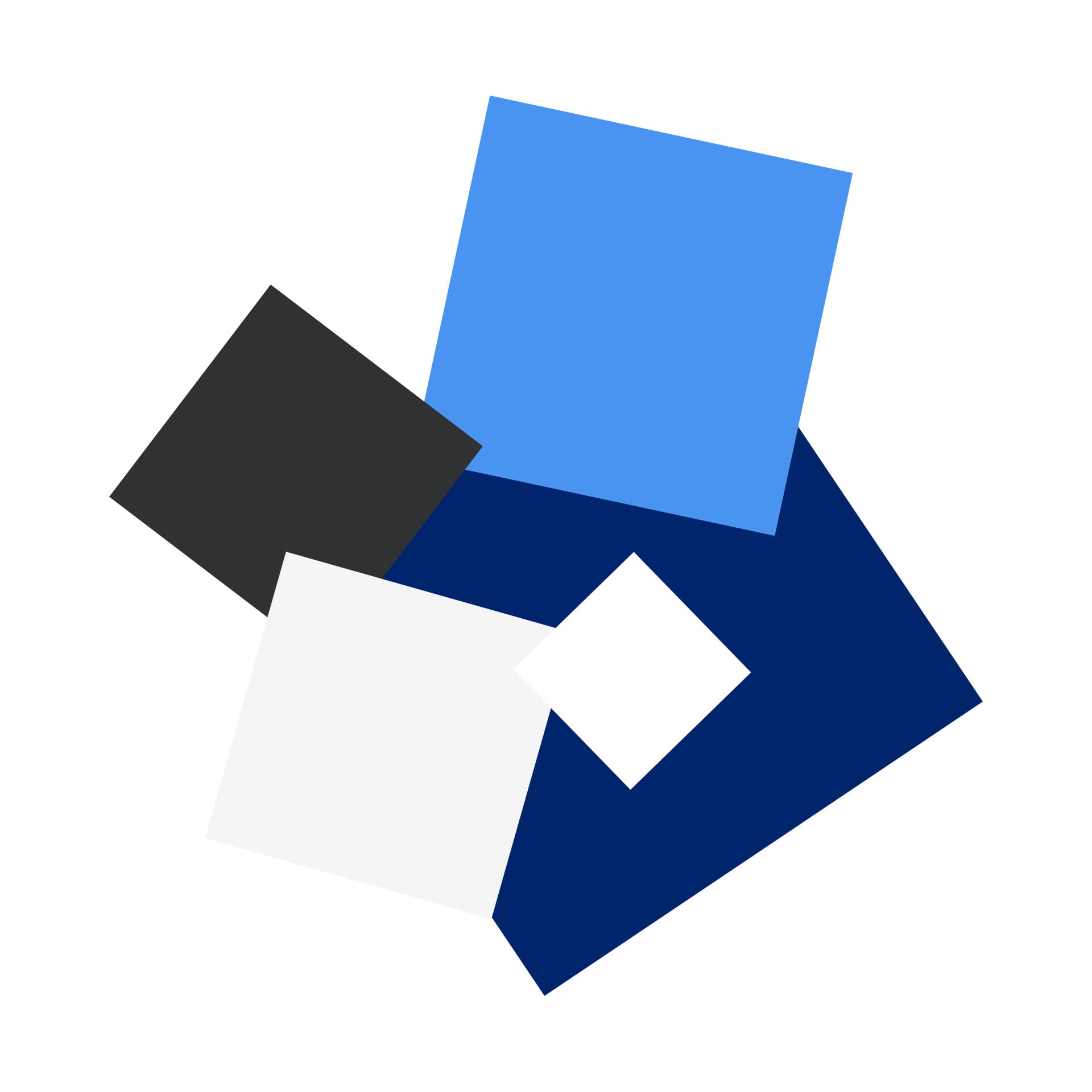 Vierkante kleurvlakken van wit, lichtgrijs, donkergrijs, donkerblauw en lichtblauw die elkaar deels overlappen om het samenspel van deze kleuren te tonen.