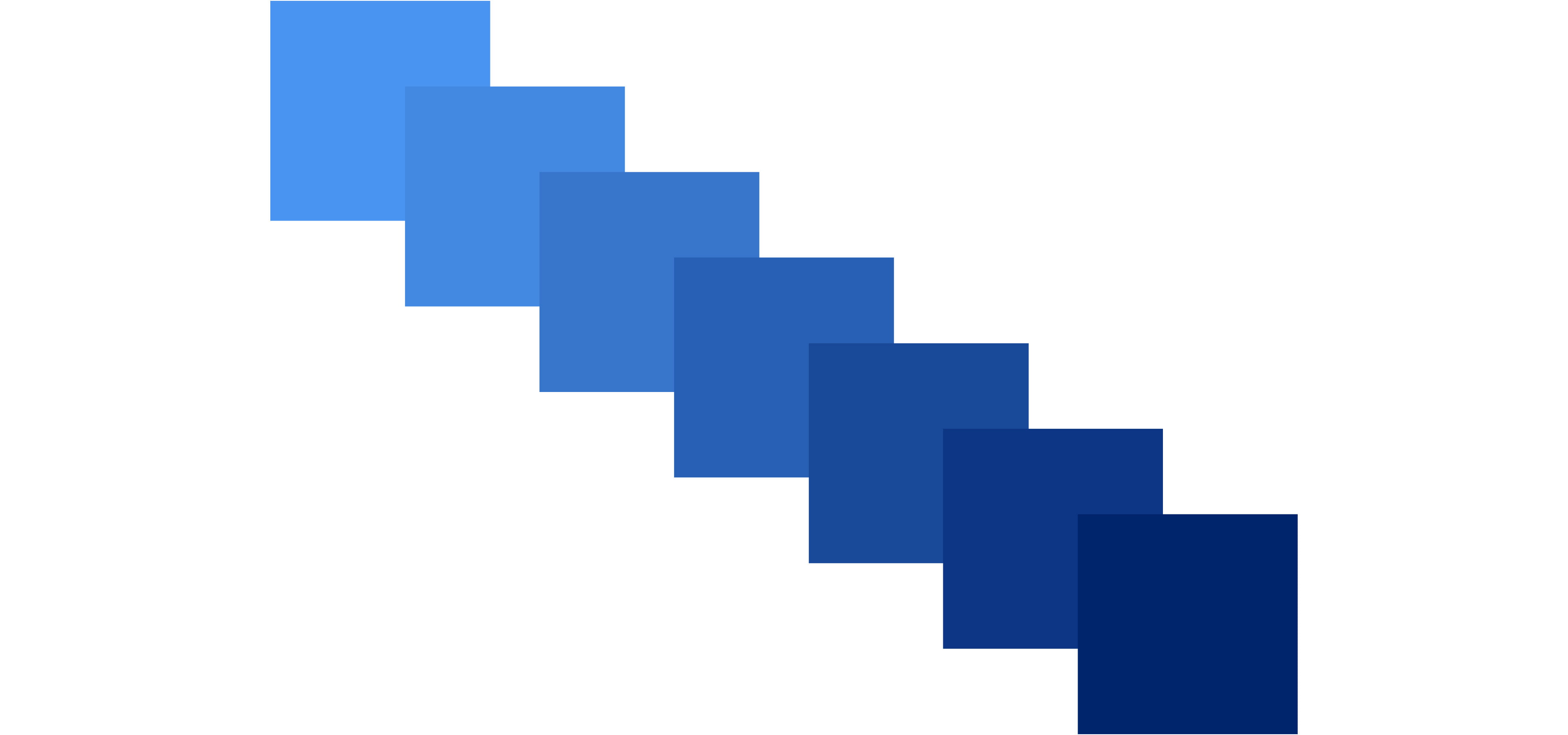 Zeven vierkante kleurvlakken lichtblauw naar donkerblauw en die elkaar deels overlappen om het samenspel van deze blauwtinten te tonen.