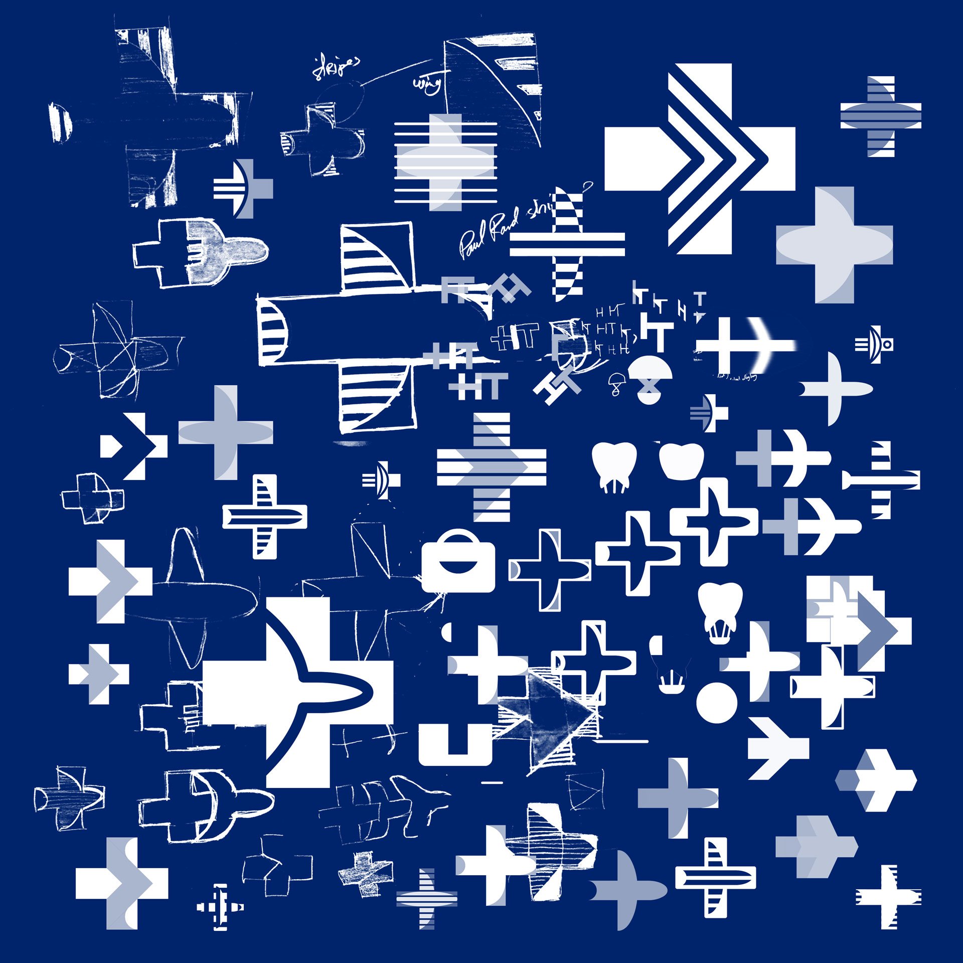 Concepten van het logo-concept gebaseerd op het medische kruis en een vliegtuig in het wit op een donkerblauwe achtergrond.