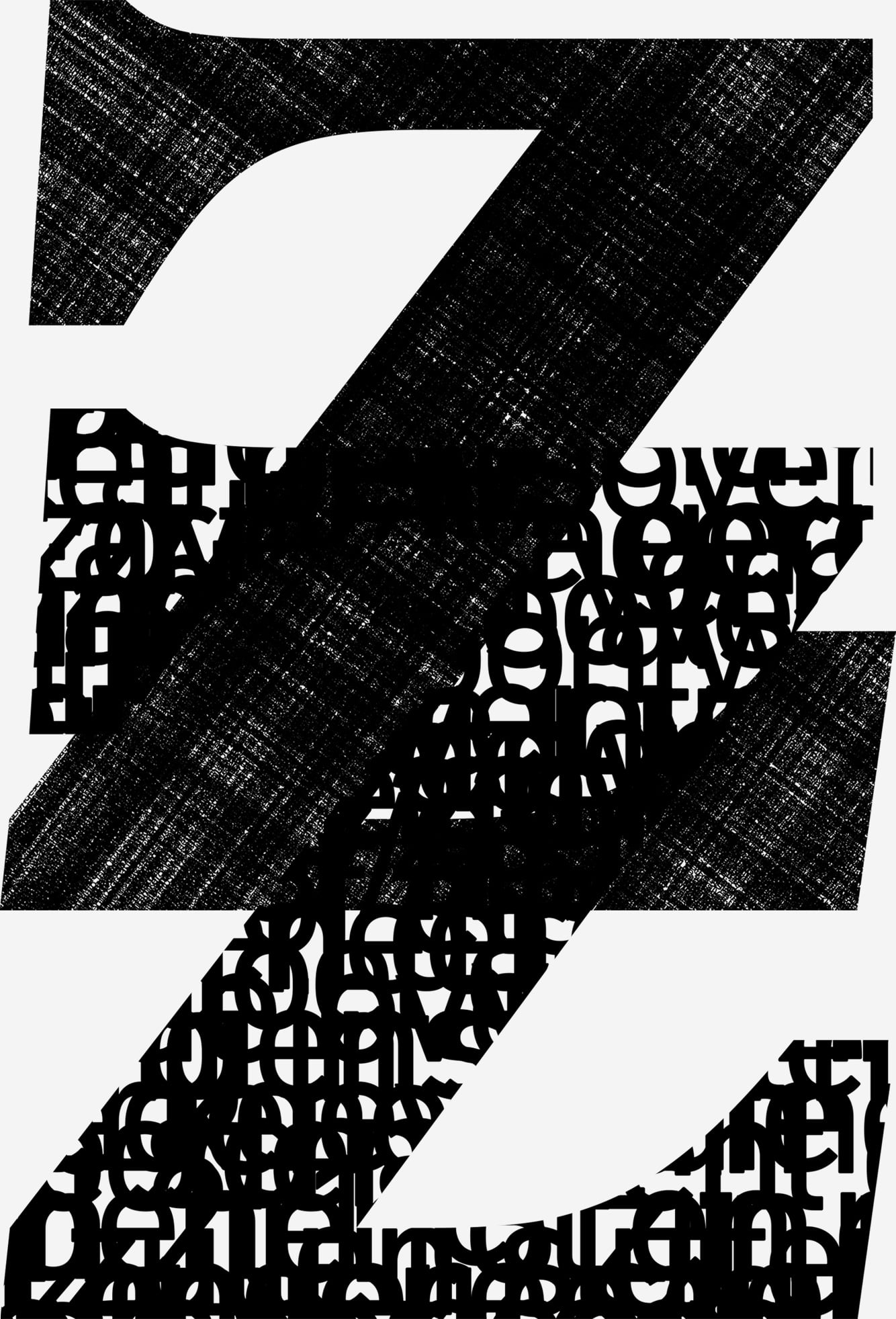 De letter Z in een zwart patroon van juridische termen. En een tweede letter Z in een groter patroon van zwarte letters.