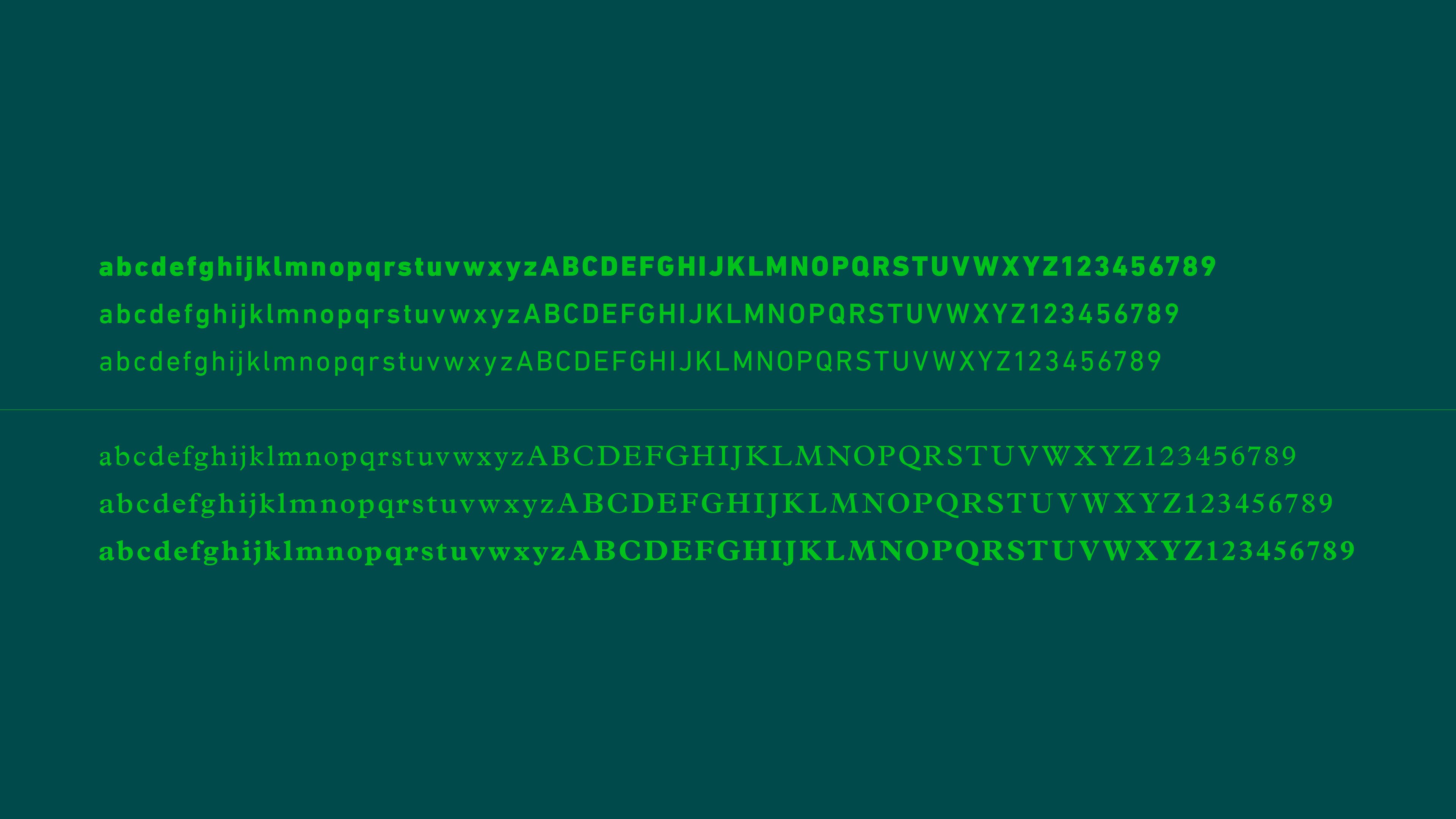 Typografie-samples in lichtgroen op een teal-groene achtergrond.