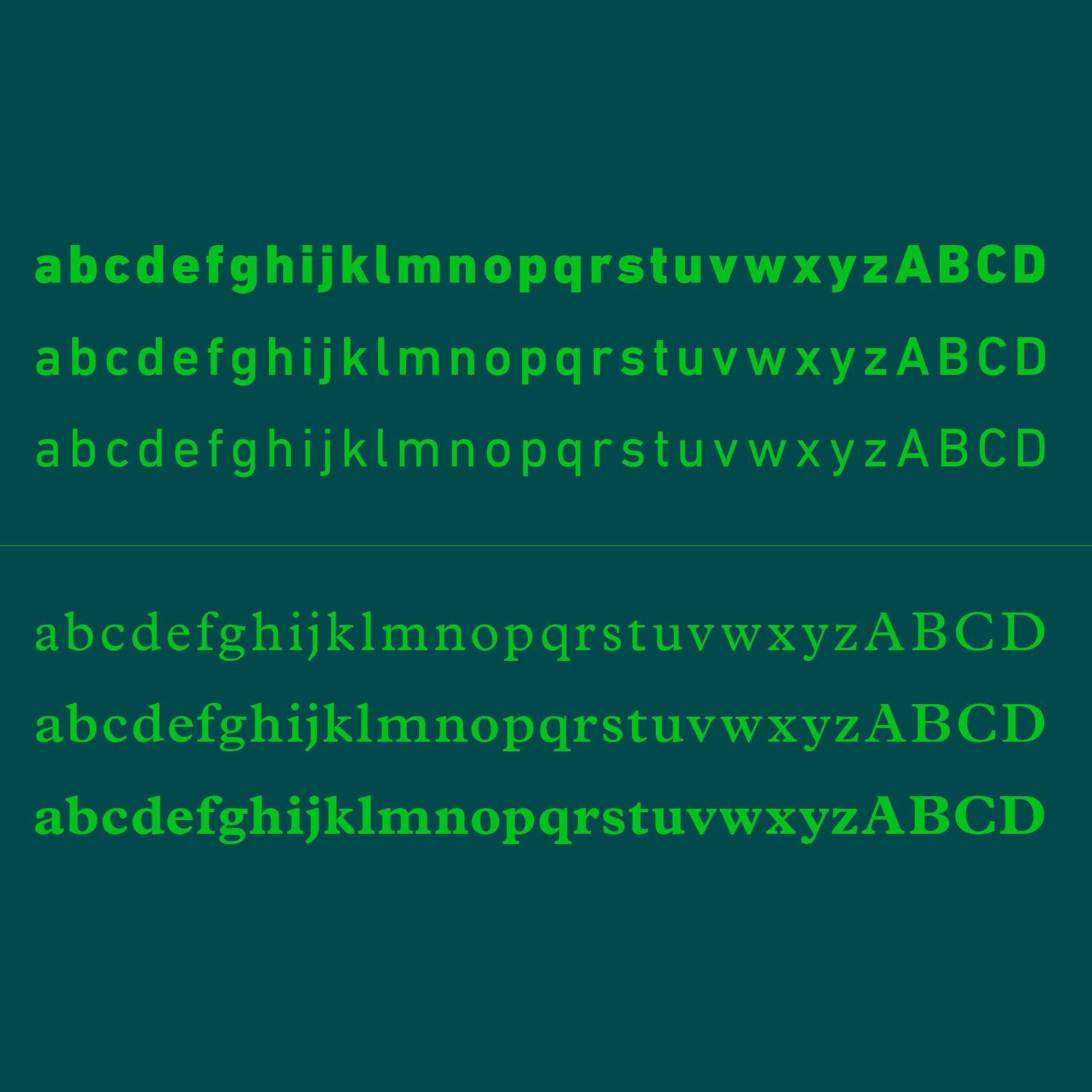 Typografie-samples in lichtgroen op een teal-groene achtergrond.