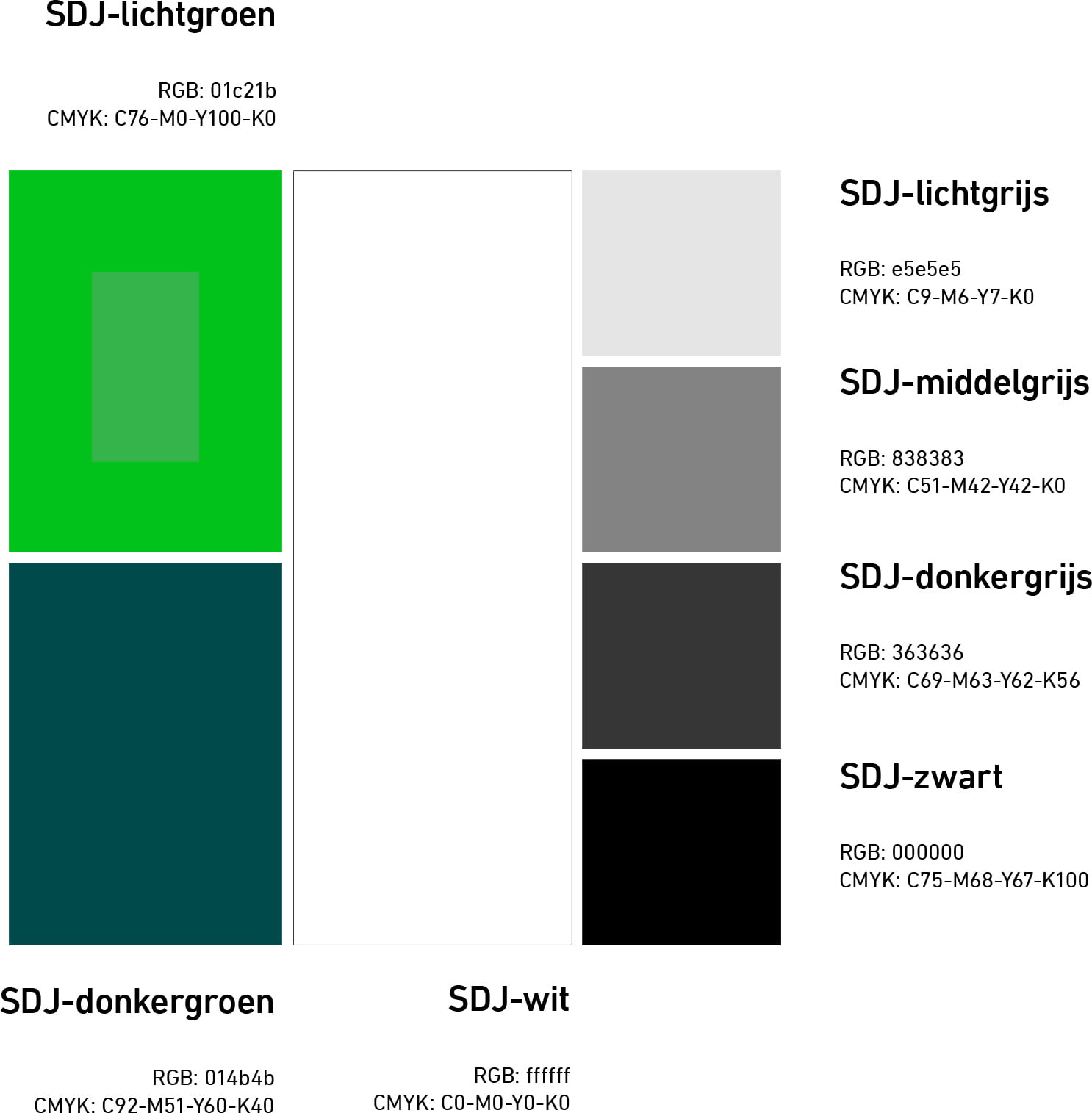 Het kleurenpalet van Advocatenkantoor Suzan de Jong van lichtgroen, teal-groen, wit, grijs en zwart toegelicht met kleurnummers in RGB en CMYK.