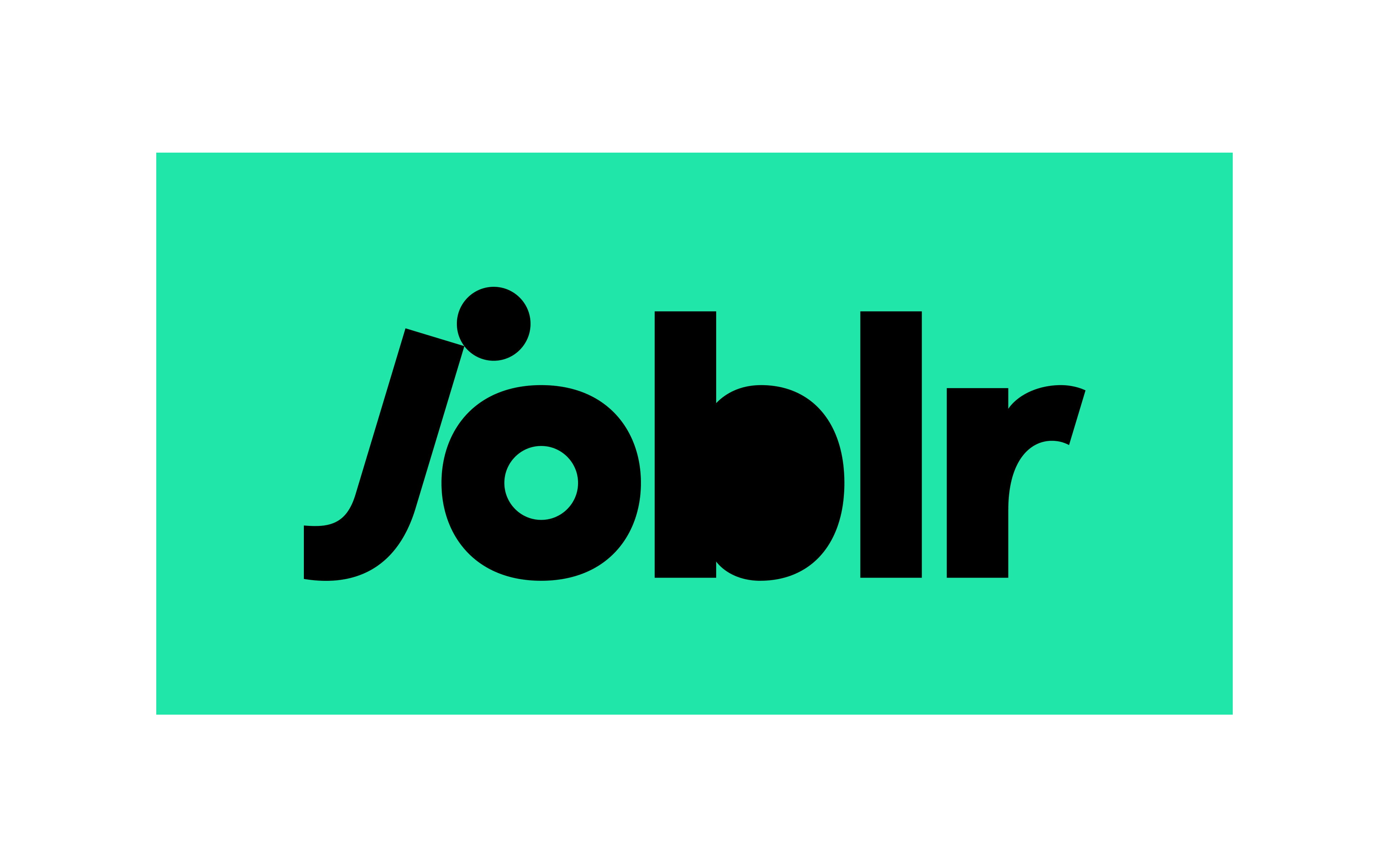 Het uiteindelijke omkaderde logo voor Joblr bestaande uit zwarte letters op een groen vlak.