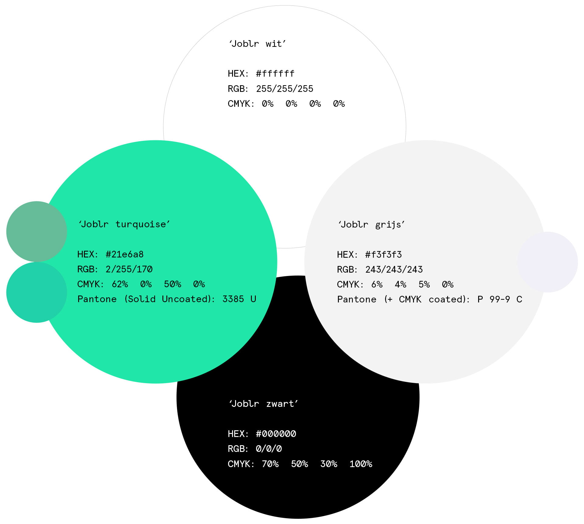 De kleuren en kleurnummers van de visuele identiteit van Joblr bestaande uit groen (‘Joblr turquoise’), wit, zwart en lichtgrijs.