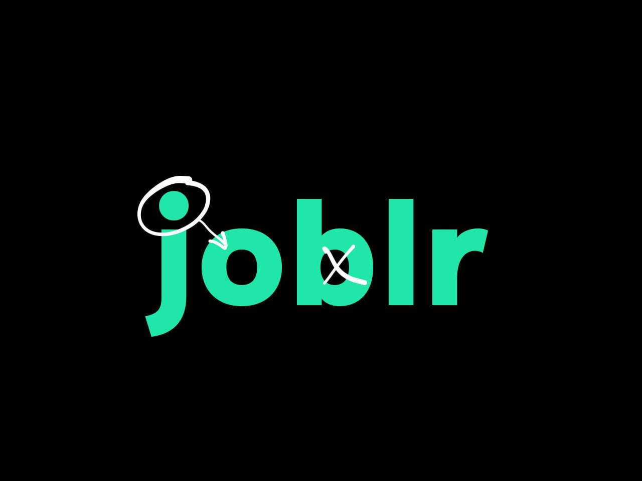 Het woord Joblr met een omcirkeld puntje van de letter J en een pijl die deze wijst naar de opening in de letter O. En een doorgekruiste opening in de letter B