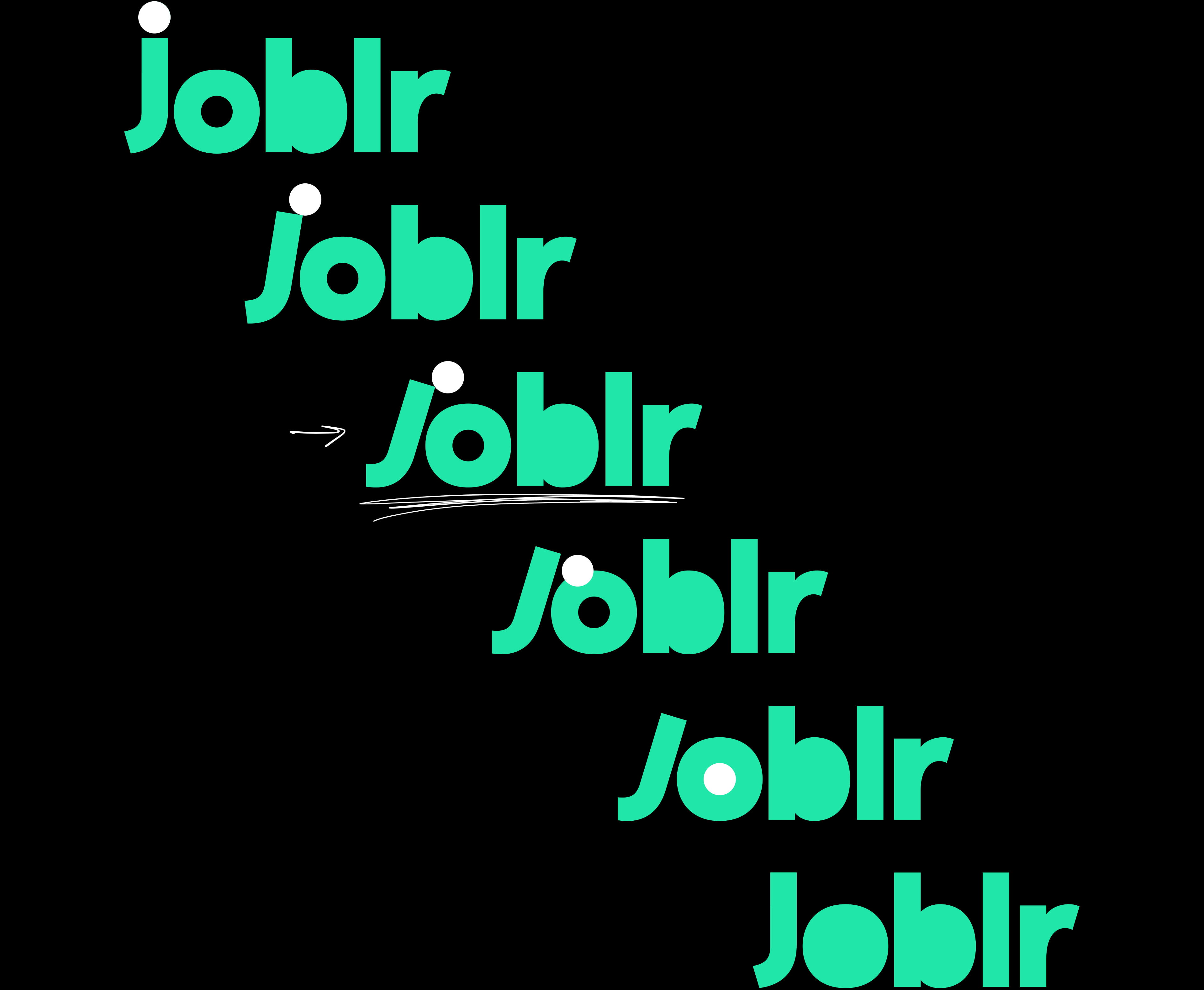 Het verloop van het woord Joblr in een standaard lettertype, naar een schuine versie waarbij het puntje van de J afrolt, naar een versie waarbij het puntje van de J de O on het woord volledig heeft opgevuld.
