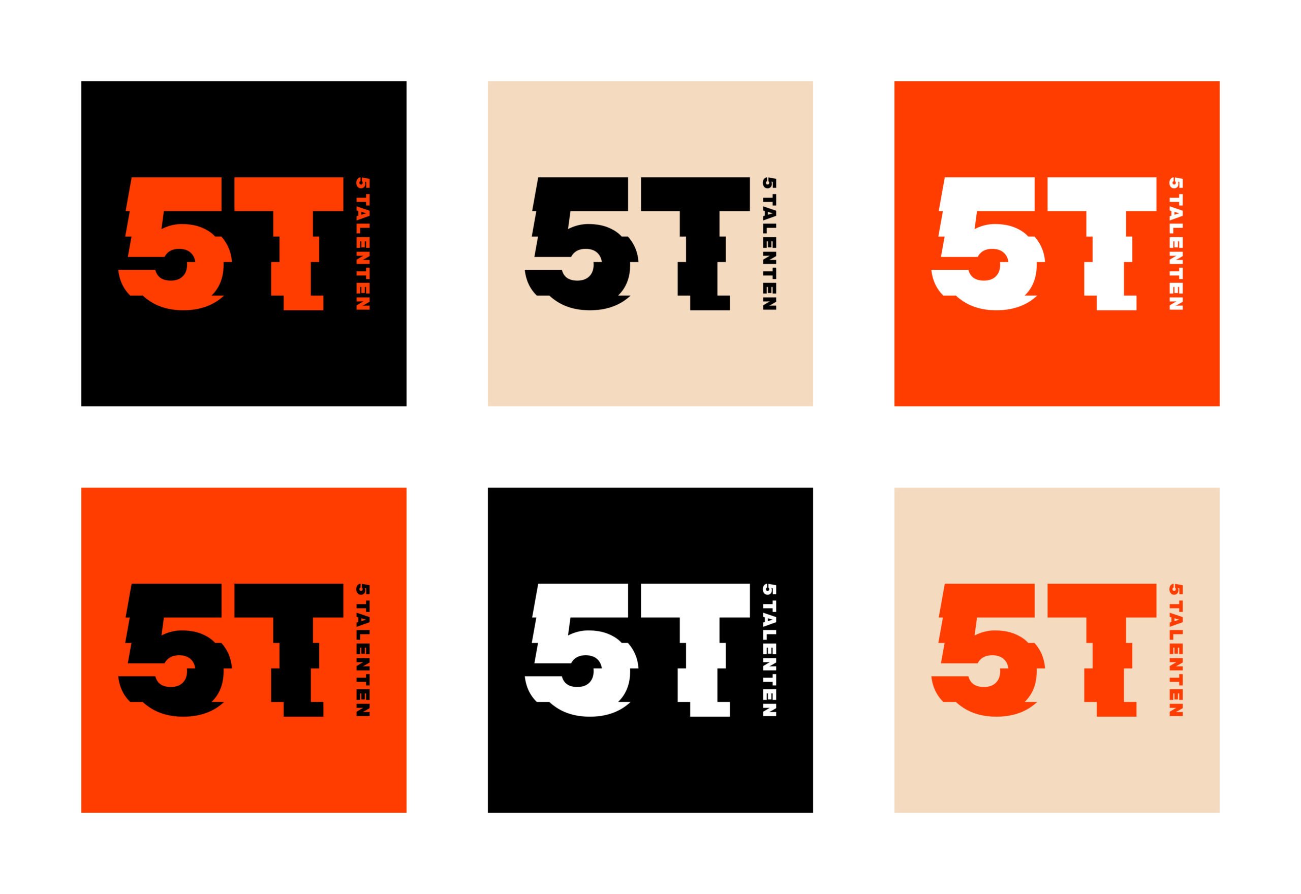 Kleur op kleur-varianten van het logo van 5Talenten om aan te tonen wat de meest ideale kleurcombinaties zijn.