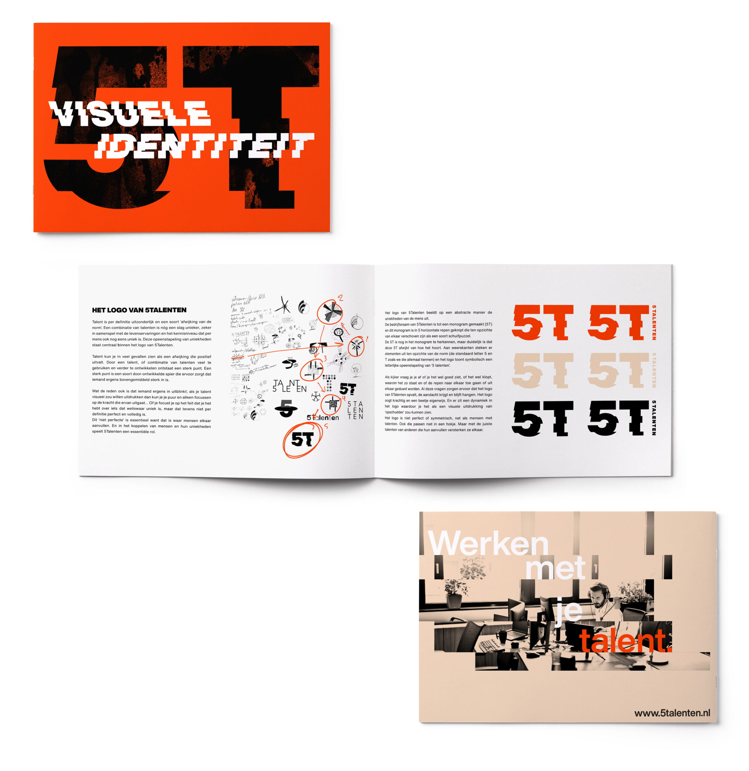 De voorkant, een spread en de achterkant van het boekje over de visuele identiteit van 5Talenten, met logo schetsen, dummy posters, tekst en het logo in meerdere kleuren.
