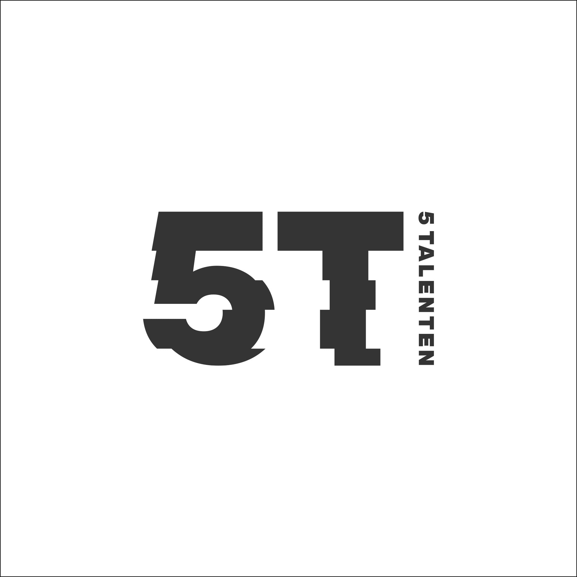 Het nieuwe logo van 5Talenten bestaande uit de letters 5T die in repen geknipt zijn en ten opzichte van elkaar verschoven zijn.