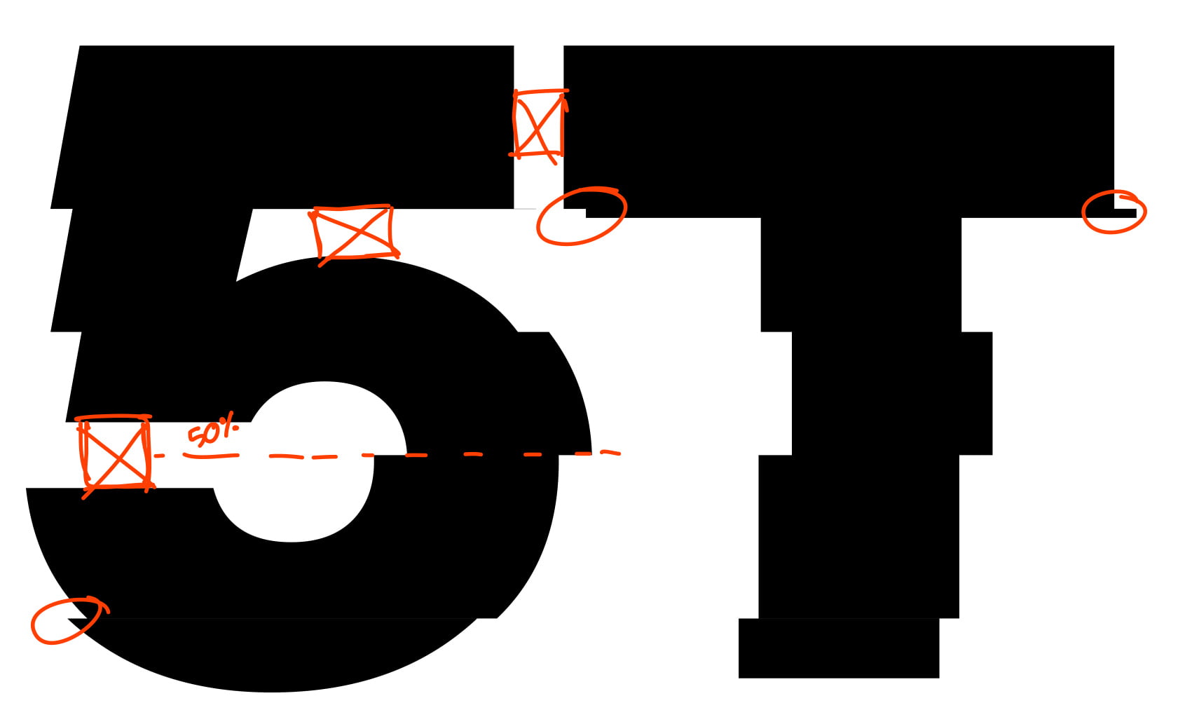 Imperfecties en aandachtspunten gemarkeerd op het gekozen logo concept.