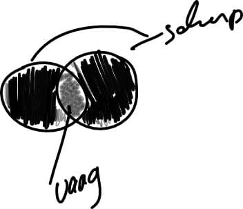Twee overlappende cirkels als een venndiagram waarbij het overlappende deel vaag is.