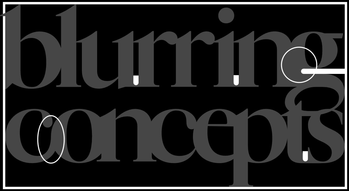 De samengevallen logo-vorm van &lsquo;blurring concepts&rsquo; met handgemaakte uithammen en overgangen aangeduid.