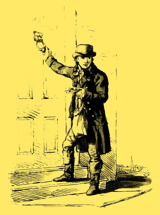Tekening van een postbode in 1814, die aanbelt met een brief in zijn hand. Door William Alexander.