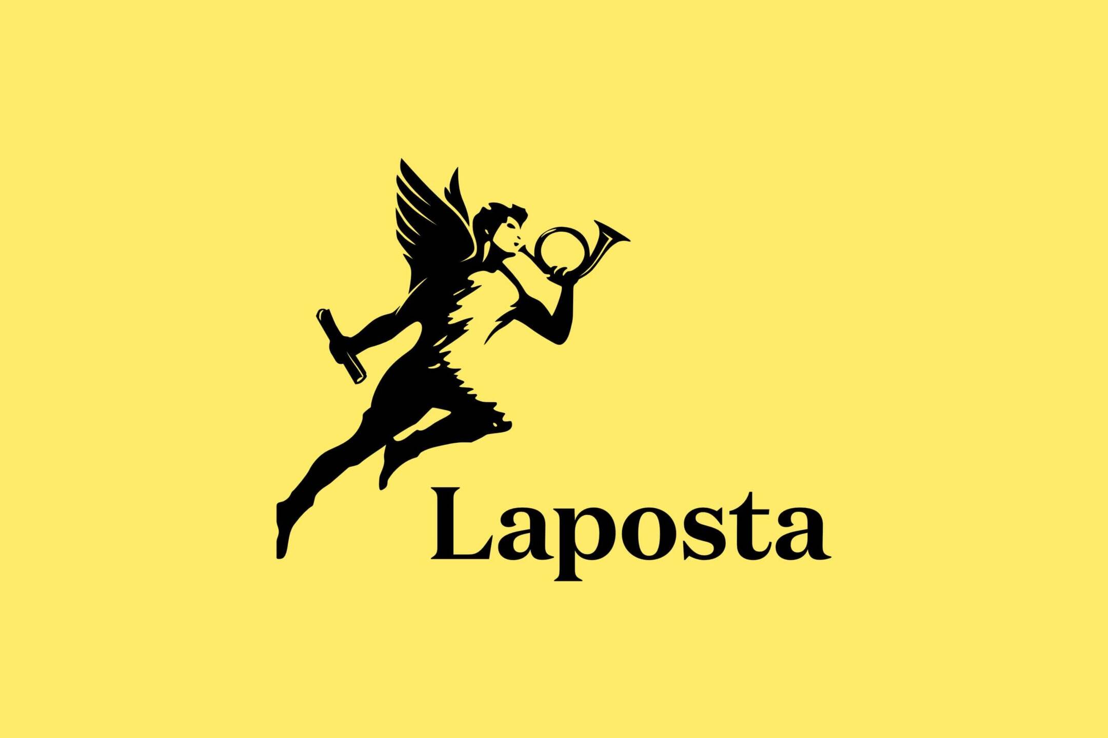 Het logo van Laposta: een engel met een posthoorn en een telegram in zijn handen en het woord Laposta eronder.